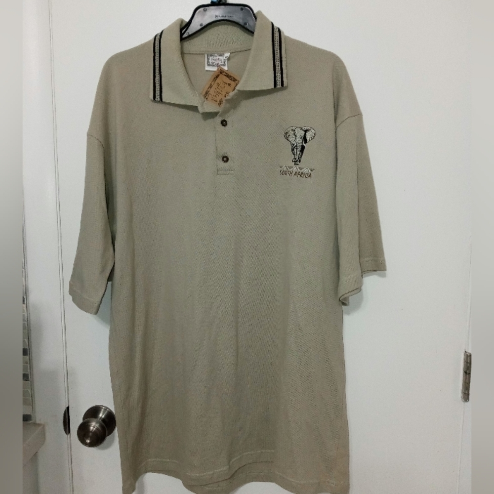 Its Africa Men's Khaki Polo Embroidered Elephant On Front Textured Collar M